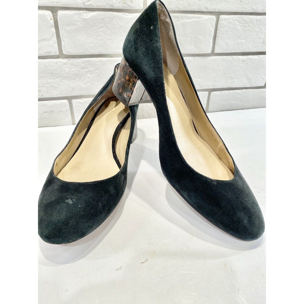 ANN TAYLOR 7.5M Black Suede Leopard Block Heel Shoe Rounded Toe‎